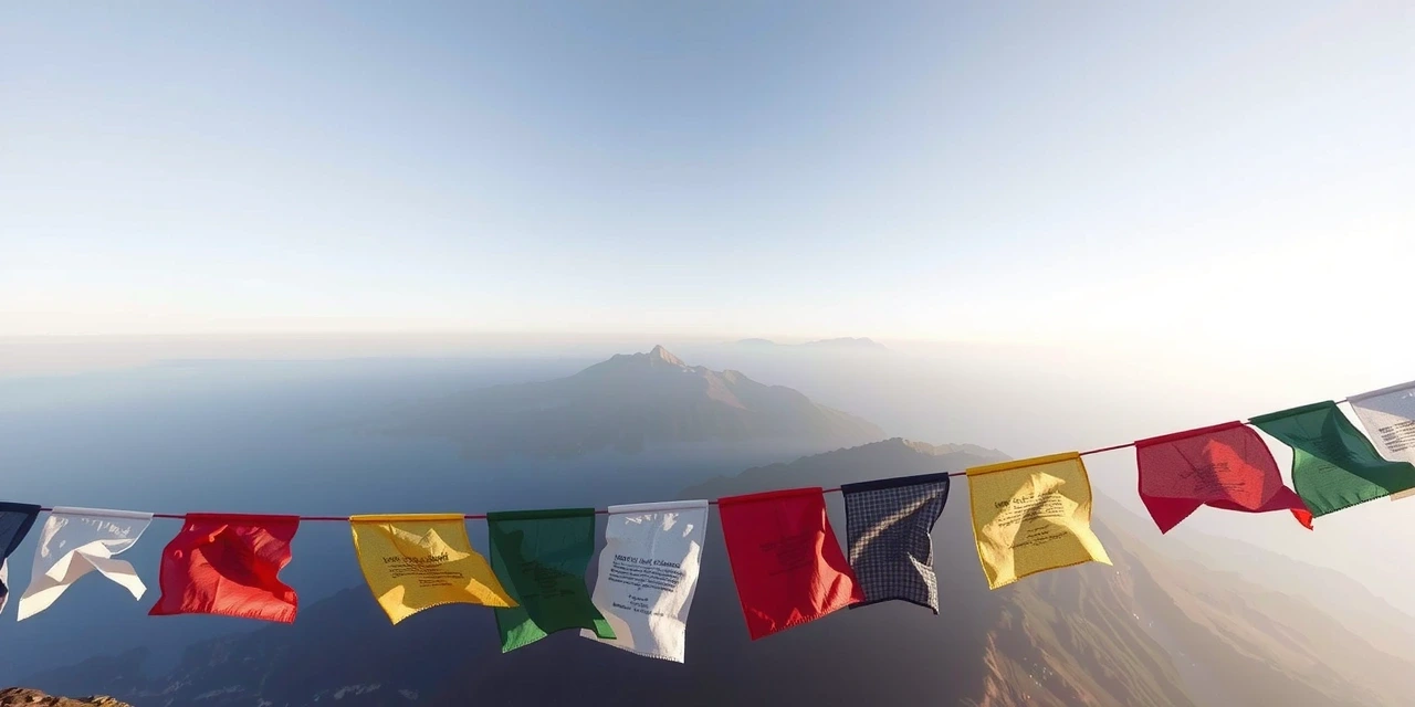 Mountain landscape with weathered prayer flags